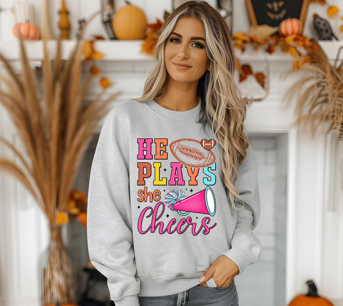 He Plays She Cheers Ash Grey Crewneck